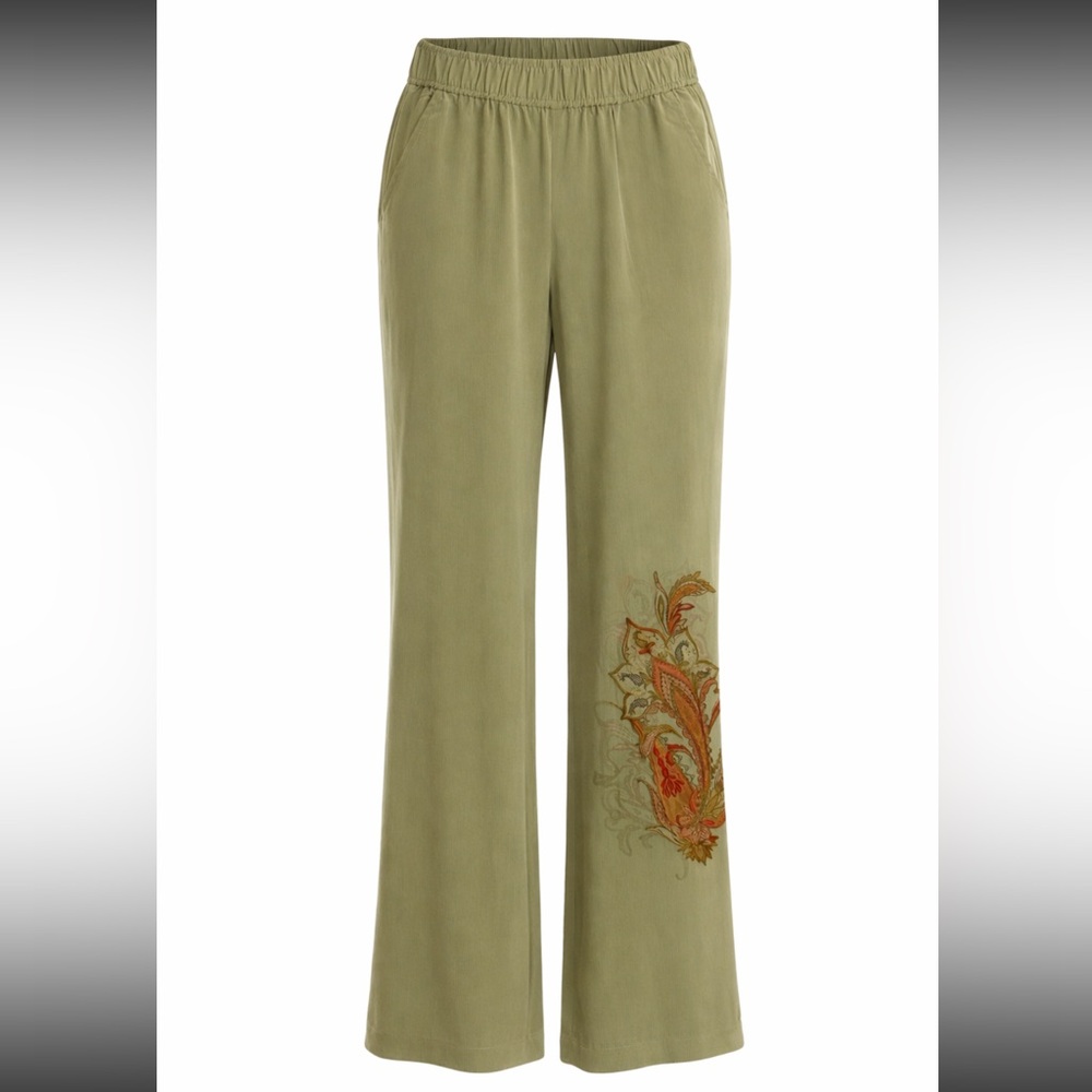 DG2 by Diane Gilman Olive Green Wide Leg Paisley Embroidered Pants Size XS